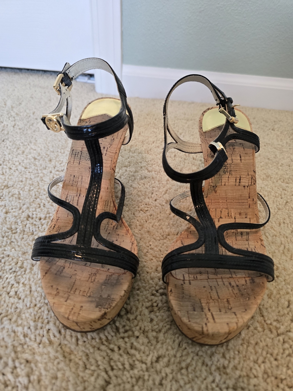 Michael Kors Black Patent Leather Cork Wedge Sandals with Gold MK Accent - Picture 2 of 4